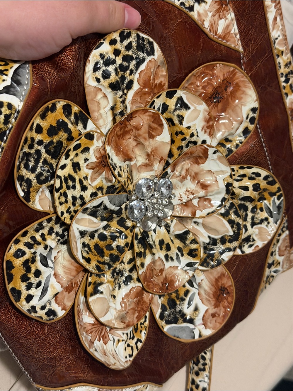 Brown Floral Leopard Accent Women's shoulder Bag w/adjustable straps